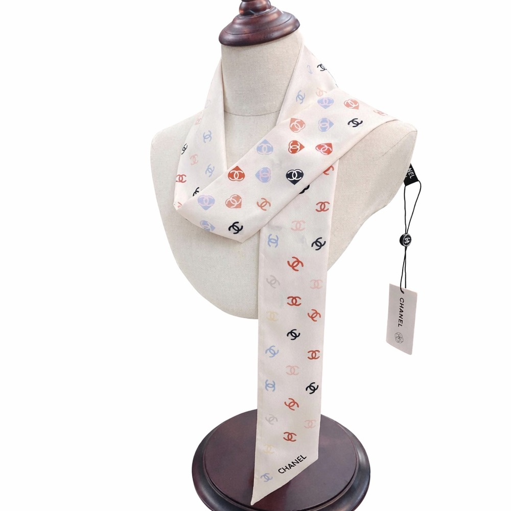 Chanel CC Logo 100% Silk Scarf White Multicolor NWOT - Picture 3 of 3